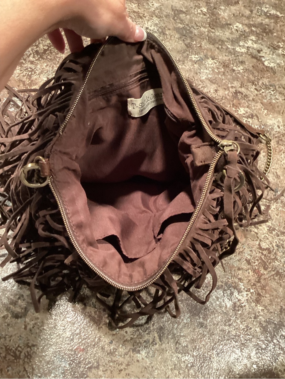 Women's Brown Fringe Crossbody Bag with Chain Accent - Picture 5 of 5